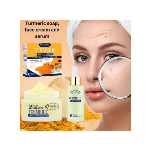 Guanjing 3Pack Tumeric Face Cream-Brighten,remove Dead Skin Cell, Serum & a Bar Soap