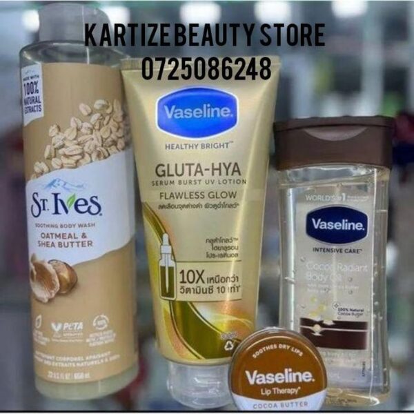 Vaseline 4 In 1 SPECIAL PACKAGE: Gluta-Hya Flawless Glow Lotion + Body Oil + Cocoa Butter Lip Therapy + Oatmeal & Shea Butter Body Wash