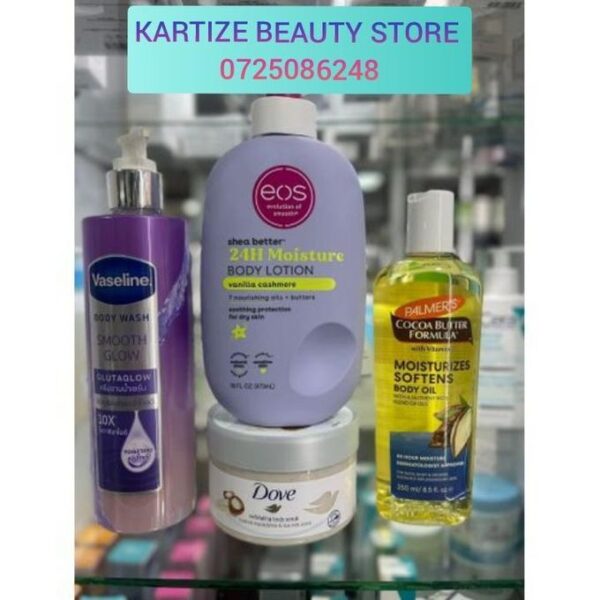 Vaseline Smooth glow body wash +eos body lotion+dove scrub + cocoa butter moisturizer oil body glow set